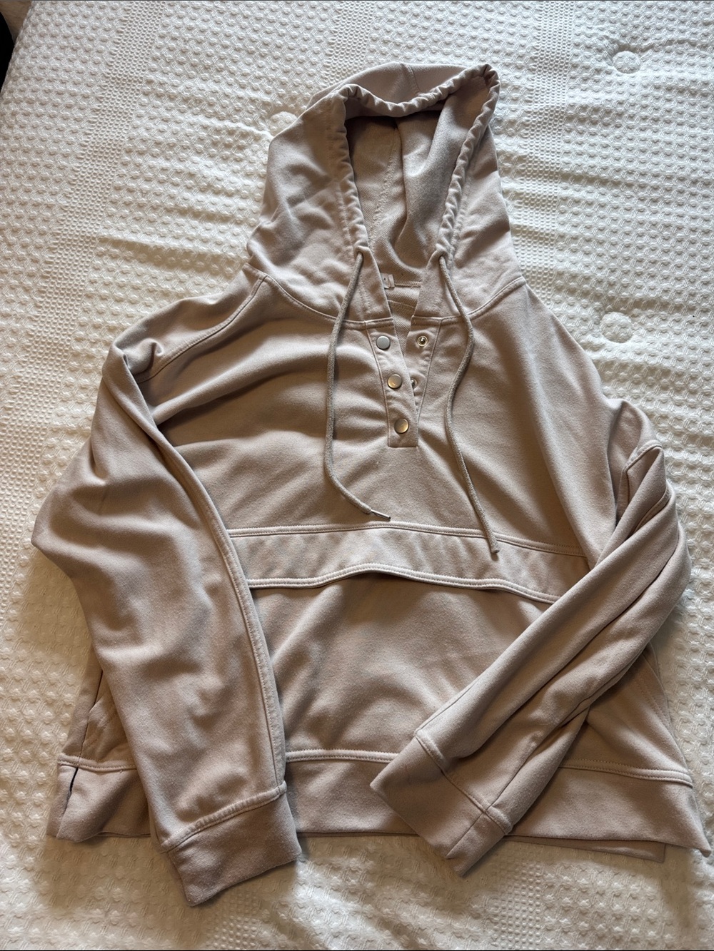 Relaxed Taupe Hooded Pullover with Snap Placket
